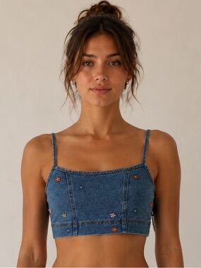 Ban.jara Denim Floral Embroidered Crop Top / Summer Festival Crop Top